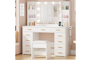 ANWBROAD 110cm Toeletta da Trucco con Specchio Luci e Presa,Luminosità Regolabile,Toeletta Trucco con Sgabello 11 Cassetti Grande Tavolo da Trucco con 6 Ripiani Aperti Postazione Trucco Bianco BDT86W