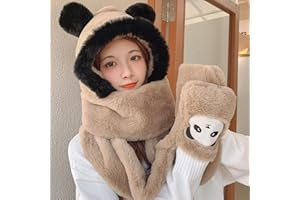 BOTOWI Cartoon Panda Warme Mütze, Schal Handschuhe, Damen Winter Winddichte Warme Plüsch Mütze, Niedlicher Dicker Plüsch Schal, 3-teiliges Set Von Outdoor Wärme Warme Ohrenschützer