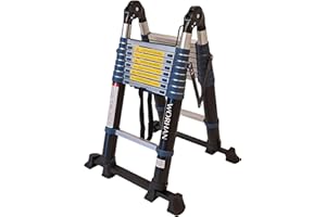 WORHAN Echelle de 5.6m Télescopique Aluminium Anodisé avec 2 Stabilisateurs Télescopiques Modulable Pliable Polyvalente Escabeau Solide 560cm K5.6