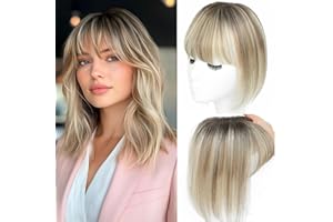 SIVOTATO Human Hair Toppers for Women with Fringe 10 Inch Real HairPieces-360°3D Bangs for Thinning Hair Topper Swiss Base Ombre Light Brown with Blond Highlight（2T613）