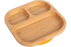 Tiny Dining Baby Plate with Suction Cup - Segmented - Yellow - Divided Non-Slip Bamboo Self-Feeding Baby Weaning Plate for Babies, Toddlers, Children
