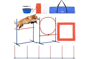 VEVOR Agility Set Hunde, 4-teiliges Set mit verstellbaren hohen Hürden, 6 Slalomstangen, Sprungring, quadratischer Pausenbox, Pfeife, Faltbarer Schüssel, Hindernisparcours-Set für Welpen