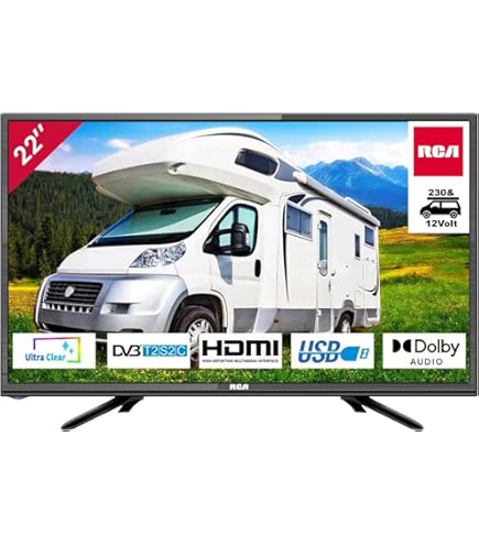 NK TV 22 Inch HD LED for Motorhome and Home, 12V-240V, Remote Control and Cigarette Lighter Adapter, USB HDMI VGA AV Ports, TV Antenna, Energy Efficiency Class E