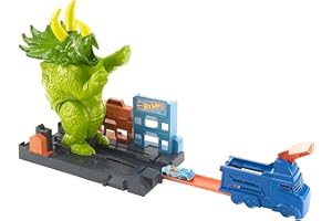 Hot Wheels City Coffret Attaque du tricératops, coffret de jeu pour petites voitures avec circuit et pistes, jouet pour enfant, GBF97