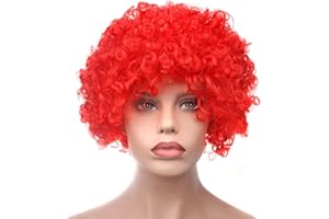 BundleMall Curly Afro Wigs Fancy Dress Funky Wig Disco Clown for Men and Women Soccer Football Fans Costumes Accessory (red)