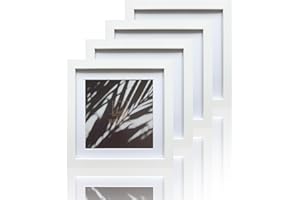 VUVUZULA 8x8 Inch Square Picture Frames White Set of 4 Photo Frame with Mount for 6x6 Inch Photo with Real Glass
