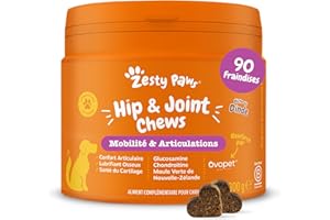 Zesty Paws Hip & Joint Mobilité - Flexibilité des articulations - Complément pour sous Chien Forme de friandise - Glucosamine - Chondroïtine - Ovopet®- Moule Verte de Nouvelle-Zélande - 90 Unités