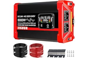 JIGUUN 5000W Inversor 24V 220V Onda Pura Convertidor Inverter con 2 Tomas EU y 3 Puertos USB+Tycp-C, Mando a Distancia Desmontable y Pantalla LCD Potencia máxima 15000W
