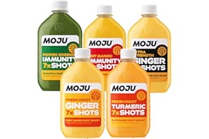 MOJU Variety Dosing Bottles (5 x 420ml) Ginger, Turmeric, Power Greens, Hot Mango and Extra Strength Ginger Shots, Your Plant Powered Morning Wake Up, No Added Sugars, Vegan
