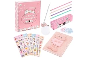 Brightzen Cute Cat Stationery Set – Cat Notebook, Fluffy Pen, Pencils, Pencil Case, Sticky Notepad and Stickers, Best Birthday Present for Girls Age 4 5 6 7 8 9 10 11 years old, Perfect Birthday Gifts