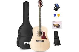 Max SoloJam Guitare Acoustique Folk Adulte Débutant - Bois Clair, Cordes en Acier, Accordeur Digital, Sac de Transport, Médiators, un Jeu de Cordes et une Sangle, Pack Idéal pour Musiciens Débutants