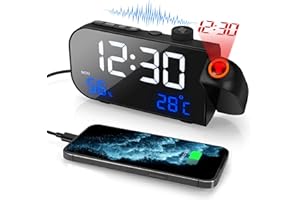 Welltop Réveil numérique de Chevet pour Chambre à Coucher avec Radio FM, horloges de Projection, alimenté par USB, Commande vocale, avec température, humidité, répétition