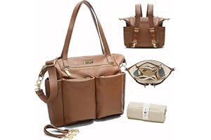 miss fong Sac à Dos à Langer, Sac à Langer Bébé en Cuir, Sac a Langer Bebe Grande Capacite avec Matelas à Langer Pour Bébé et Sangles de Poussette-Marron