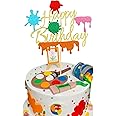 Arthsdite 1Pc Painting Cake Topper Painter Art Themed Slime Happy Birthday Cake Decoration for Gils Boys Birthday Bday Party Supplies - Gold Glitter