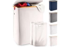 Lonbet - Beżowy podwójny kosz na pranie z pokrywką i zdejmowanymi workami na pranie - XXL 150 l - bardzo duży kosz na śmieci 2 sekcje - sortownik na pranie z 2 przegródkami - bambusowy podwójny kosz