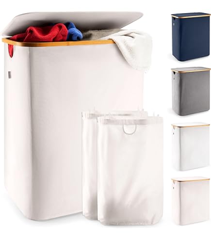 KESSER® Wasmand met deksel, 2 vakken, opvouwbaar, 170 liter, wasbox, wasmand, wasverzamelaar met 3 x uitneembare waszakken, wassorteerder incl. wasvoorschriften beige