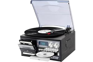 MUSITREND 9 en 1 Tocadiscos de Vinilo con 3 velocidades, Gramófono Bluetooth, CD/Cassette, Radio Am/FM, USB/SD/MMC, AUX/RCA, Altavoces estéreo incorporados Gris Negro