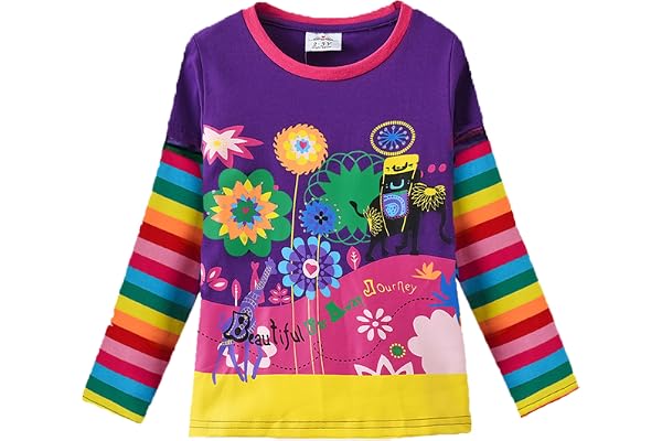 VIKITA T-Shirt Manches Longue Fille Coton Imprimé Animal Fleurs Enfant 1-8 Ans
