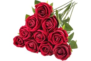 N&T NIETING Lot de 10 roses artificielles réalistes en soie à longue tige unique pour mariage, maison, fête, arrangement hôtel, jardin (rouge foncé, 51 cm)