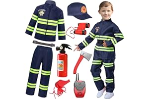 AMTUM Kids Fireman Costume Fire Firefighter Dress-Up Set With Complete Accessories Firefighter Toy Set Fire Outfit Pretend Play Toys For Boys And Girls Birthday Halloween Carnaval Cosplay Party，3-9 Years
