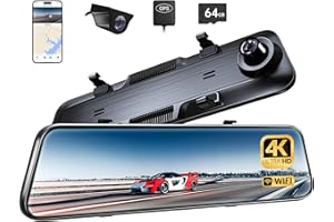 Pelsee P12 Plus 4K WiFi Rear View Mirror Camera, Dash Cam Front and Rear w/ 12" Touch Screen, Mirror Dash Cam Backup Cameras for Cars, 64GB Card&GPS Included, ADAS, Reversing Aid, WDR Night Vision