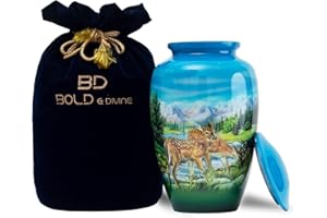 BOLD & DIVINE Urne für Erwachsene | Einäscherungsurne für Rehe | Urnen für Asche für Erwachsene (groß/Erwachsene) mit einzigartigem Samtbeutel für Ihre Liebsten (Reh grasen)