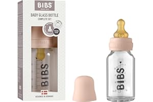 BIBS Baby Glass Bottle 110ml, Vermindert Koliken, Runder Sauger aus Naturkautschuklatex, Unterstützt das Stillen. Complete Set - 110 ml, Blush