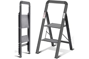 ‎KINGRACK KINGRACK Leiter Aluminium, Trittleiter 2 stufen klappbar, leiter 2 stufen mit Handlauf, rutschfeste Haushaltsleiter mit Klappsicherung, Aluleiter Belastbar bis150 kg, für Zuhause, Büro, Garten,Schwarz