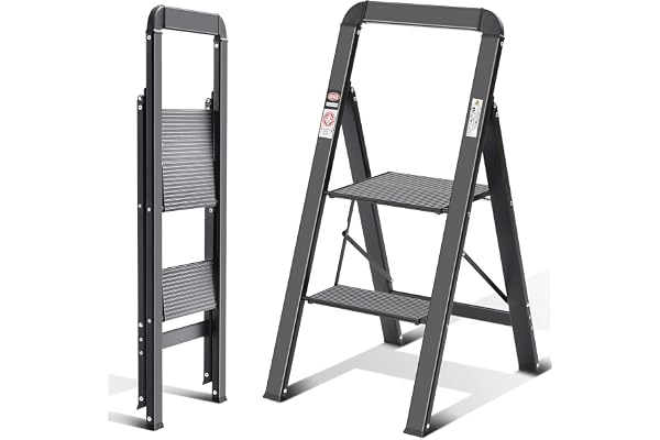 KINGRACK Stegstege, stegstege 2 steg, hopfällbar stege med ledstång, halkfri hushållsstege med vikskydd, aluminiumstegpall, lastbar upp till 150 kg