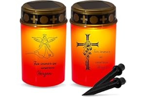 Hegawleo Pack of 2 Solar Grave Lantern, LED Grave Light with Twilight Sensor and Ground Spike, IP44 Grave Light, Solar Weatherproof, LED Solar Grave Lights for Outdoors, Grave Light for Outdoor Use