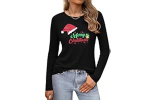 Gyabnw Christmas Tshirts Women UK Funny Christmas Tee Shirts Xmas Long Sleeve Top Santa Hat Gift