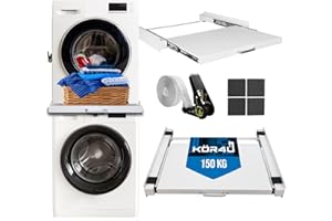 kör4u Zwischenbaurahmen weiß, mit Ausziehplatte, für Waschmaschine und Trockner, Stahl, 60,5x54,5cm, inkl. Zurrgurt weiß