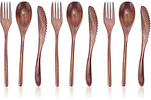 HERCHR Set Cuchara Tenedor y Cuchillo de Madera, Utensilios de Madera para Comer Cubertería Reutilizable Set de Cubiertos Tenedores Cucharas de Sopa y Cuchillo para la cena