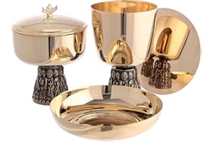 Holyart Cáliz copón Patena para ofrendas latón Dorado Base apóstoles Relieve románico, Ofertorio Patena