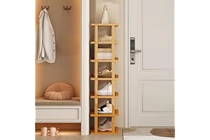 SHIENFIR Vertical Shoe Rack, 5/7/8 Tiers Tall Narrow Organizer for Small Spaces, Stylish Wooden Shoe Storage Stand for Entryway Corner Doorway, Space Saving Shelf Tower (M-7 tiers)