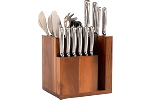 KitchenEdge Bloc magnétique Acacia pour couteaux et ustensiles de cuisine, rangement élégant pour couteaux de chef, couteaux à viande, spatules, ciseaux, pieds en caoutchouc antidérapants