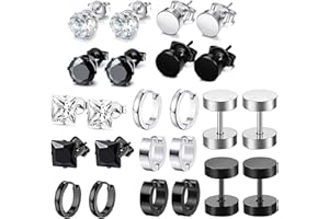 Zeayebsr 12 Pares Acero Inoxidable Pendientes Studs para Hombre Mujer Aretes con Circonita Redondo Cuadrado Pendiente, Plata y Negro