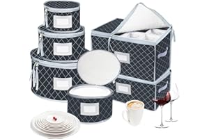 VERONLY China Dinnerware Storage Containers Set- Dish,Mug,Stemware Storage Cases - Quilted Box Bins Stackable with Divider,handles,Clear Window for Cups,Plates,Wine Glasses Moving Set of 6 (Grey