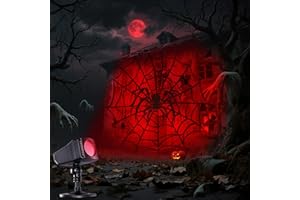 iShabao Projecteur d'Halloween 3D dynamique avec minuterie, étanche, avec toile d'araignée rouge, pour mur, fenêtre, jardin, cour, fête
