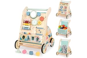 LOL-FUN Wooden Baby Walker for 1 Year Olds Boys Girls, Toddler Push Along Walkers with Double-Sided Busy Board, Walking Toys for Babies Gift Age 12 Months