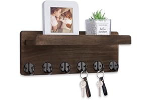 Nekon Key Holder Wall Mount, 12.9 Inch Home Decor Wooden Wall Organizer with 6 Hooks and Display Shelf, Wall Shelf for Living Room Entryway Kitchen (Brown)