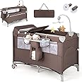 GYMAX 5 in 1 Folding Travel Cot, Portable Baby Bed Playard with Diaper Changer, Music Box, Mattress, Safety Strap, Side Zipper Entrance, Infant Bassinet Nursery Center for Newborn (Brown)