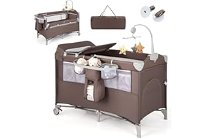 DREAMADE Lit Parapluie Bébé avec Matelas,5 en 1 Lit Cododo 125x65x76CM Tout-Petites 0-3 Ans avec Porte-Couches,Roues Verrouillables,Musique,Jouets Suspendus,Table à Langer,Sac de Transport (Marron)