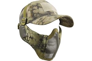 WLXW Half Face Mask - Airsoft Mesh Mask con Protección para Los Oídos Y Gorra de Béisbol Ajustable para Airsoft/Paintball/BB Gun/CS Game/Hunting/Shooting