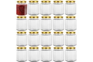 Yishik 6oz Hexagonal Glass Jars with Gold Lids,20 Pack Glass Jam Jars Canning Jar for Honey,180ml Food Storage Jars for Spices,Nuts,Fruits,Baby Food or Handmade desserts
