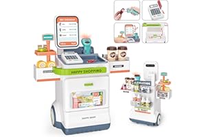 Fegalop 47 PCS Cash Supermarket Playset Shopping Mobile Cart for Kids Grocery Store Pretend Play Money, Scanner, Credit Card, Conveyors,Calculator and Play Food for Toddlers, Boys, and Girls