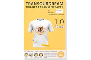 TransOurDream Tru-Transfer Paper Inkjet for Light Fabric 50 Sheets A4 Transparent Iron on Heat Transfer Paper White T Shirt Printing Paper Easy to Use Wash Durable Printable HTV (L-1.0-50)