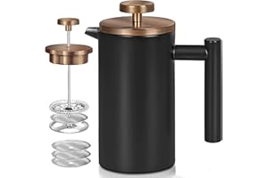 WROBIC WORBIC Cafetiere - Cafetera de prensa francesa, 1500 ml, acero inoxidable aislado de doble pared, sistema de filtración de 3 niveles, prensa francesa para el hogar, campamento y oficina (negro 1,5 l)