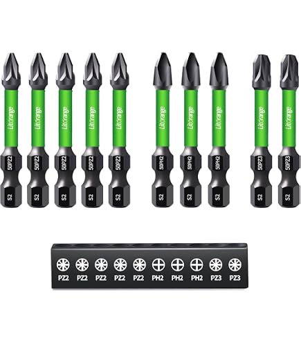10er Set Magnetische Schlagschrauber-Bits – 90mm, PZ2/PH2/PZ3, S2 Stahl, Mit Grünen Hülsen