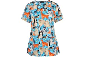 HKUOPW Medical Scrubs Tops Women Nurses Healthcare Uniform Scrubs Hospital Animal Tunic Uniform V Neck Nurse Scrubs Top Dog Casual Short Sleeve Doctors Scrubs Cat Shirts with Pockets, L